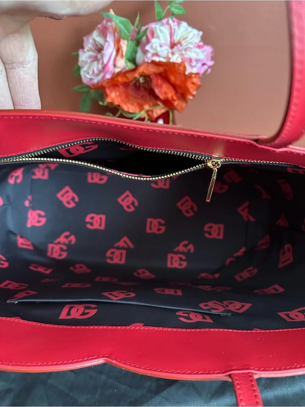 Authentic Dolce & Gabbana Bold Red Embossed Logo Leather big shopping Tote